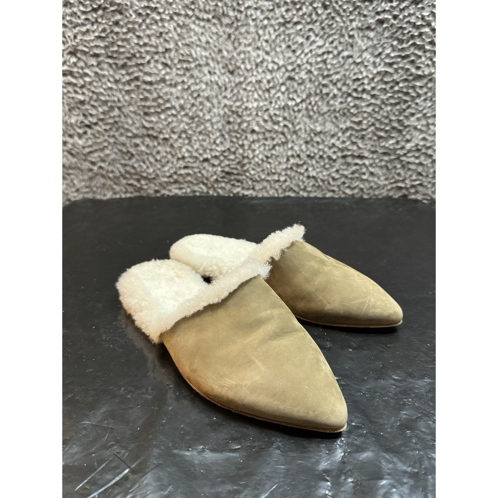 Jenni Kayne Shearling Lined Mules Slip On Flats Olive Green Size 35 US 5